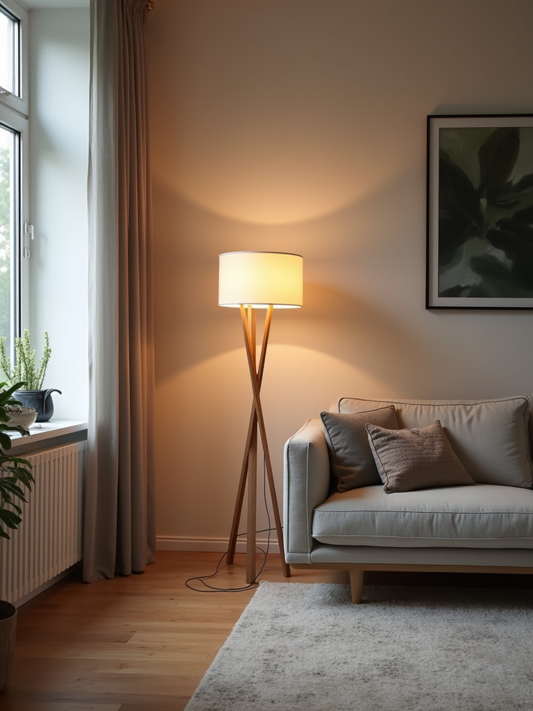 A simple minimalist floor lamp providing soft light to a minimalist living room