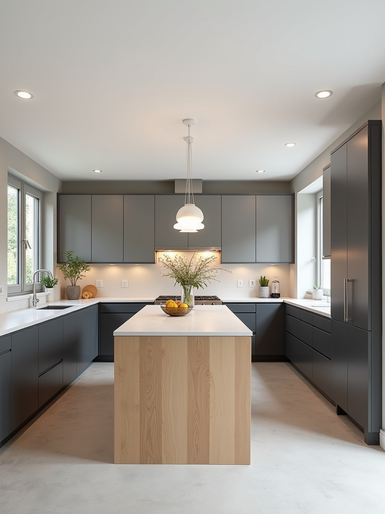 Modern kitchen with simple round flush-mount lighting on the white ceiling.