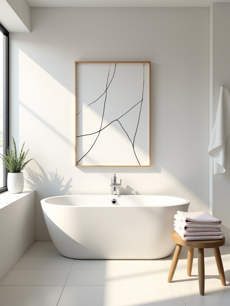 Minimalist line art hanging on the wall in a modern bathroom.