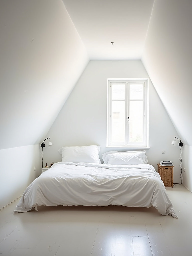 A minimalist attic bedroom with clean lines and uncluttered decor.