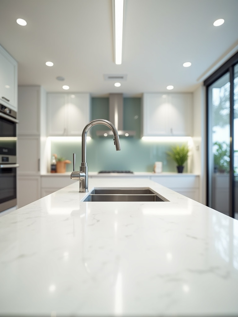 A bright kitchen featuring a mirrored backsplash and light-colored countertops
