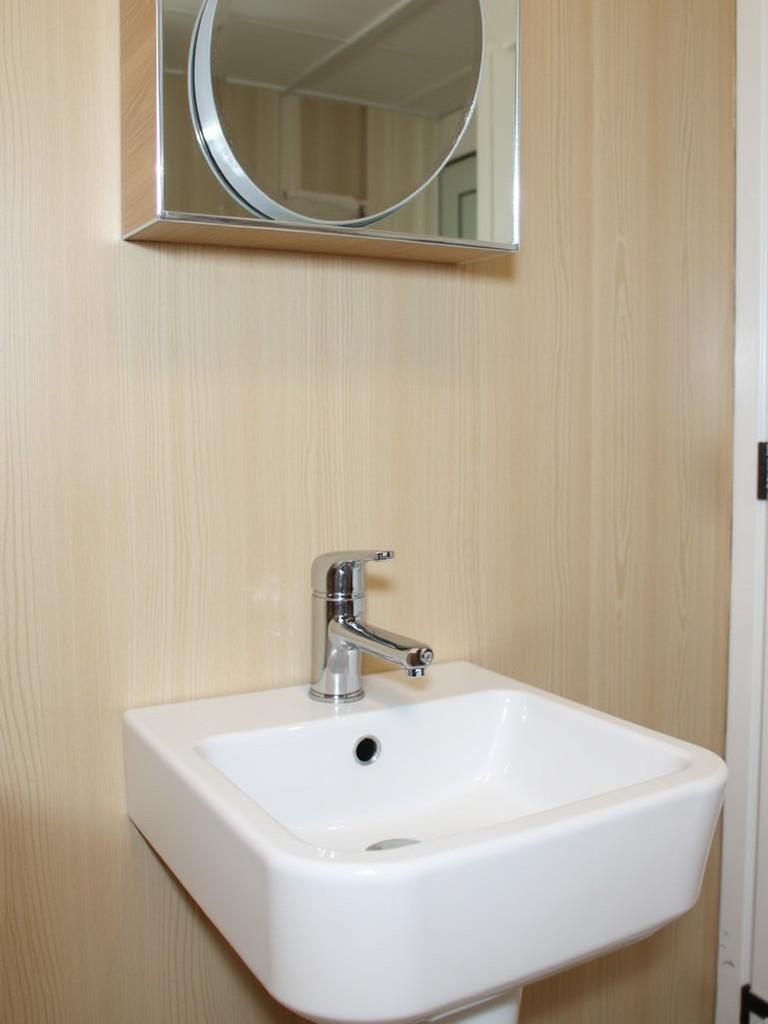 A small bathroom featuring a mirrored cabinet above the sink, with light wood tones and soft natural light, reflecting a round mirror.