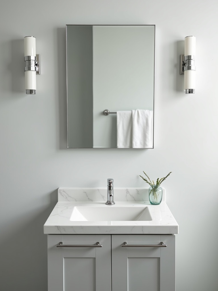 A mirrored cabinet above the sink in a small bathroom