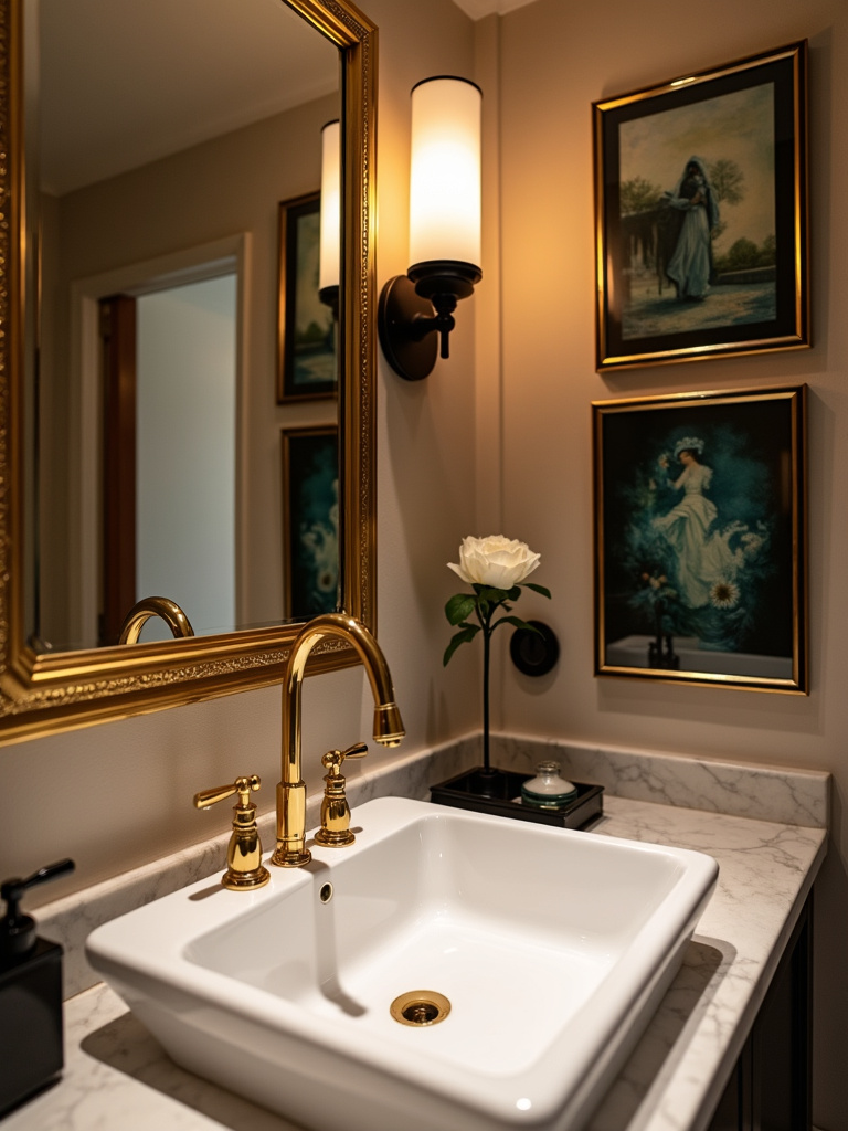 Mirrors and art combined to be displayed on the wall in a glamorous bathroom.