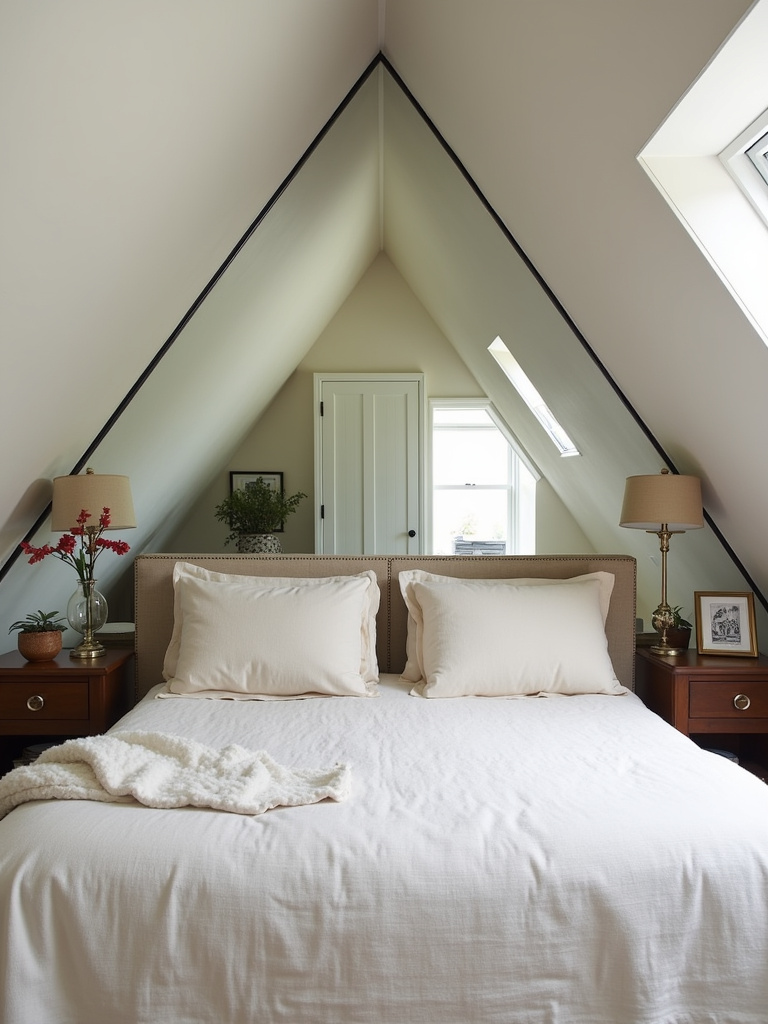 A bright attic bedroom with a mirrored wall creating depth and spaciousness.
