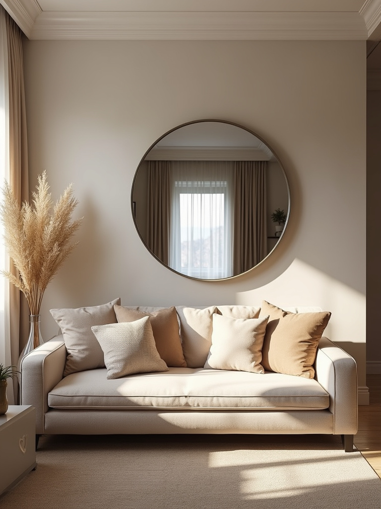 Living room with a large mirror to enhance the space, neutral tones, clear eye-level perspective.