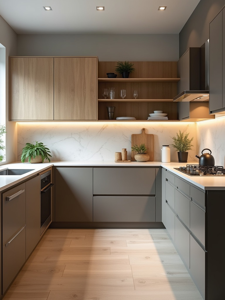 A kitchen with modern mix and match cabinets in different colors and textures