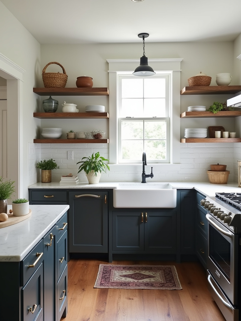 Farmhouse kitchen with a mix of open shelves and dark lower cabinets and natural lighting.