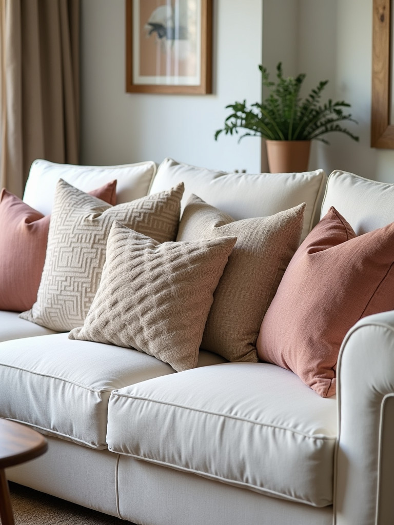 A sofa decorated with a variety of mix and matched throw pillows