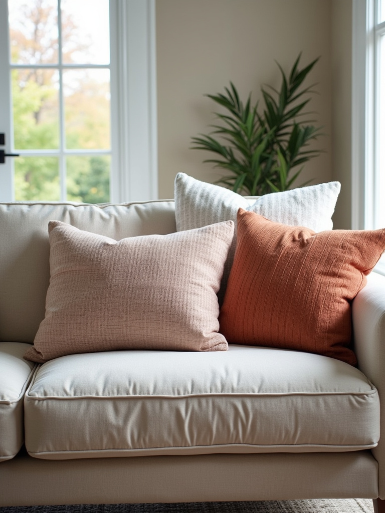 Living room sofa with various mix-and-match throw pillows, frontal angle, ample lighting.