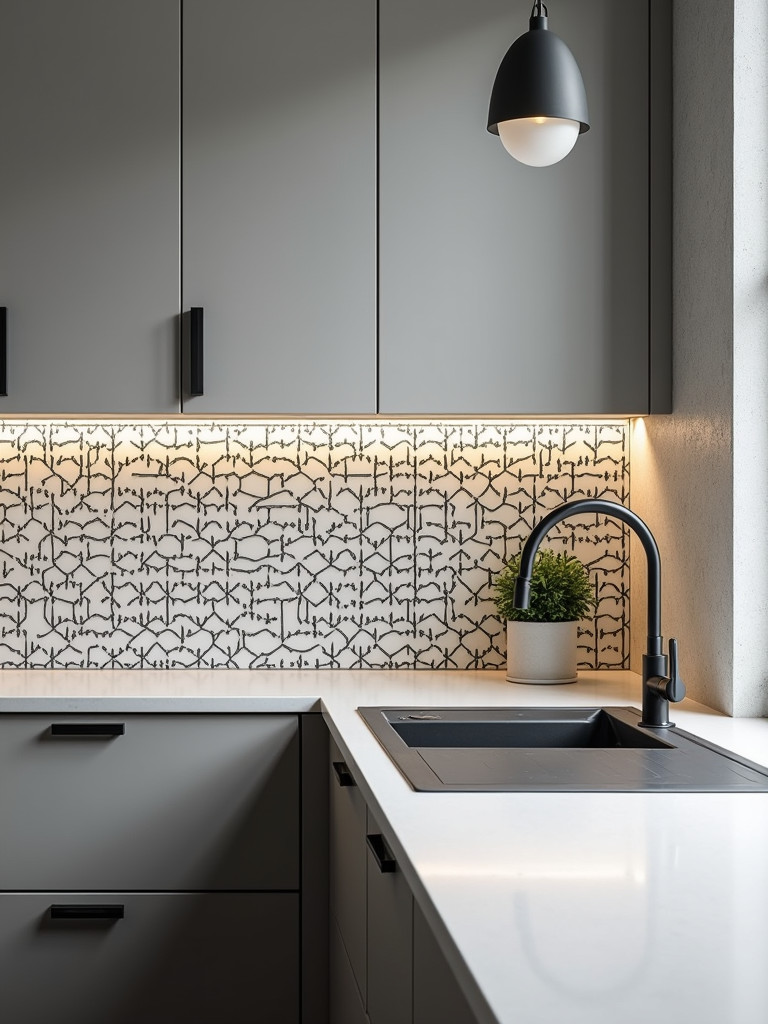 A contemporary kitchen with a black and white geometric tile backsplash and minimalist cabinets