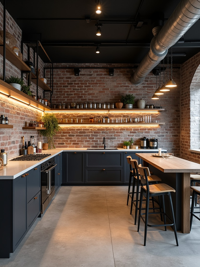 Modern industrial kitchen bar featuring exposed brick and metal fixtures.