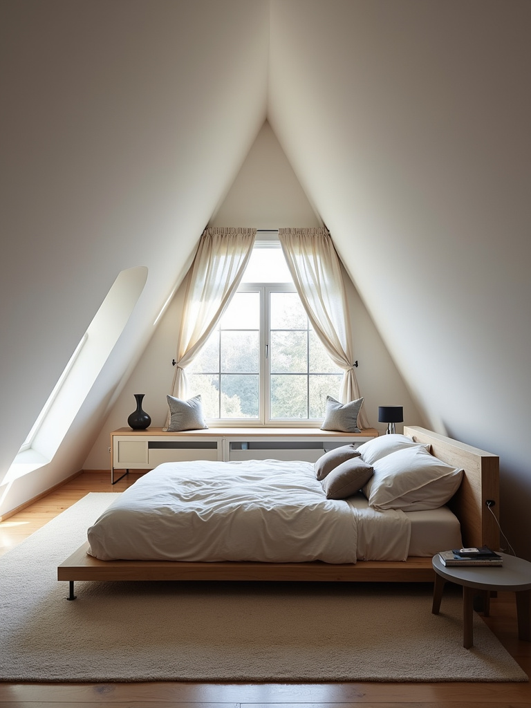 A modern and sophisticated attic bedroom with clean lines and geometric shapes.