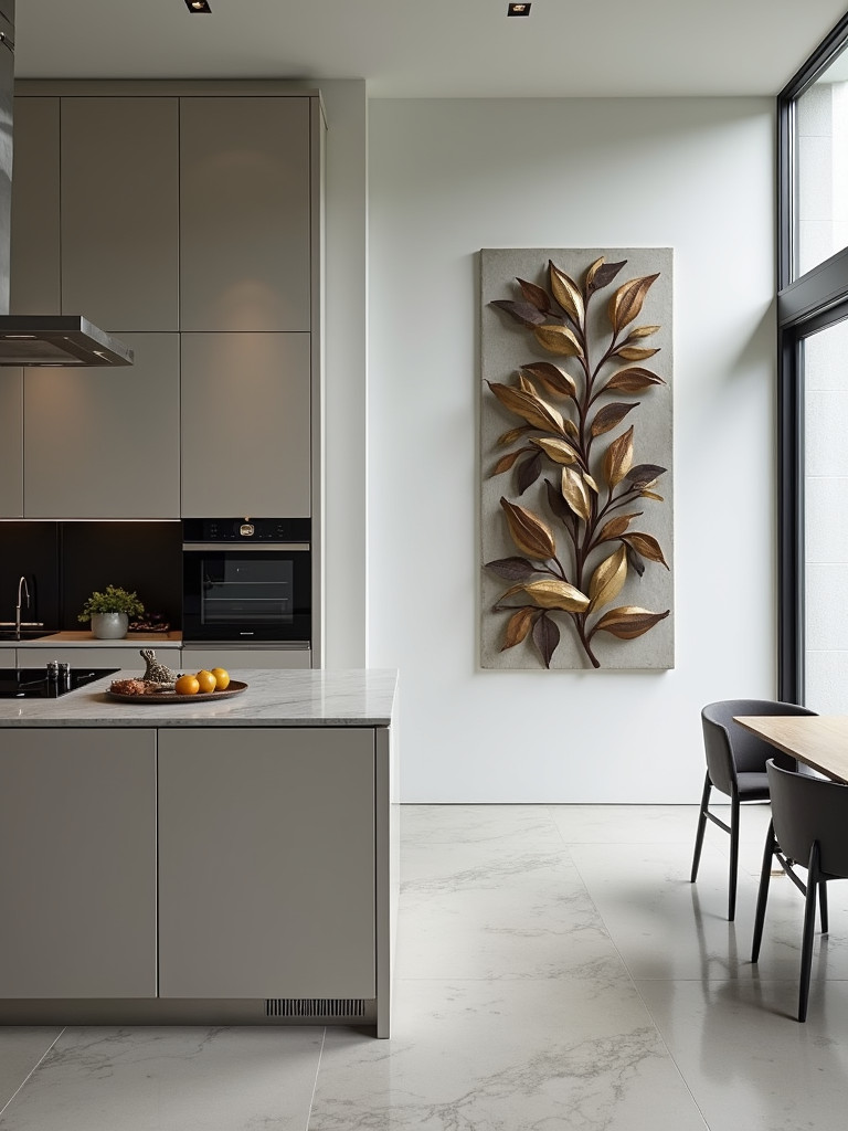 Modern kitchen with a large metal sculpture on the wall.