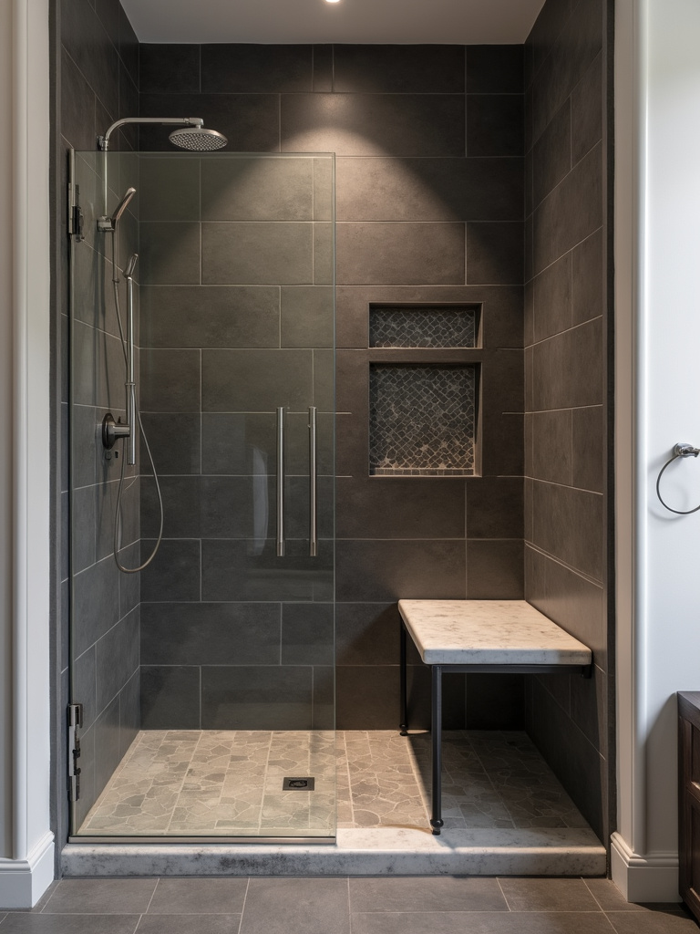 A modern shower with a built-in bench.