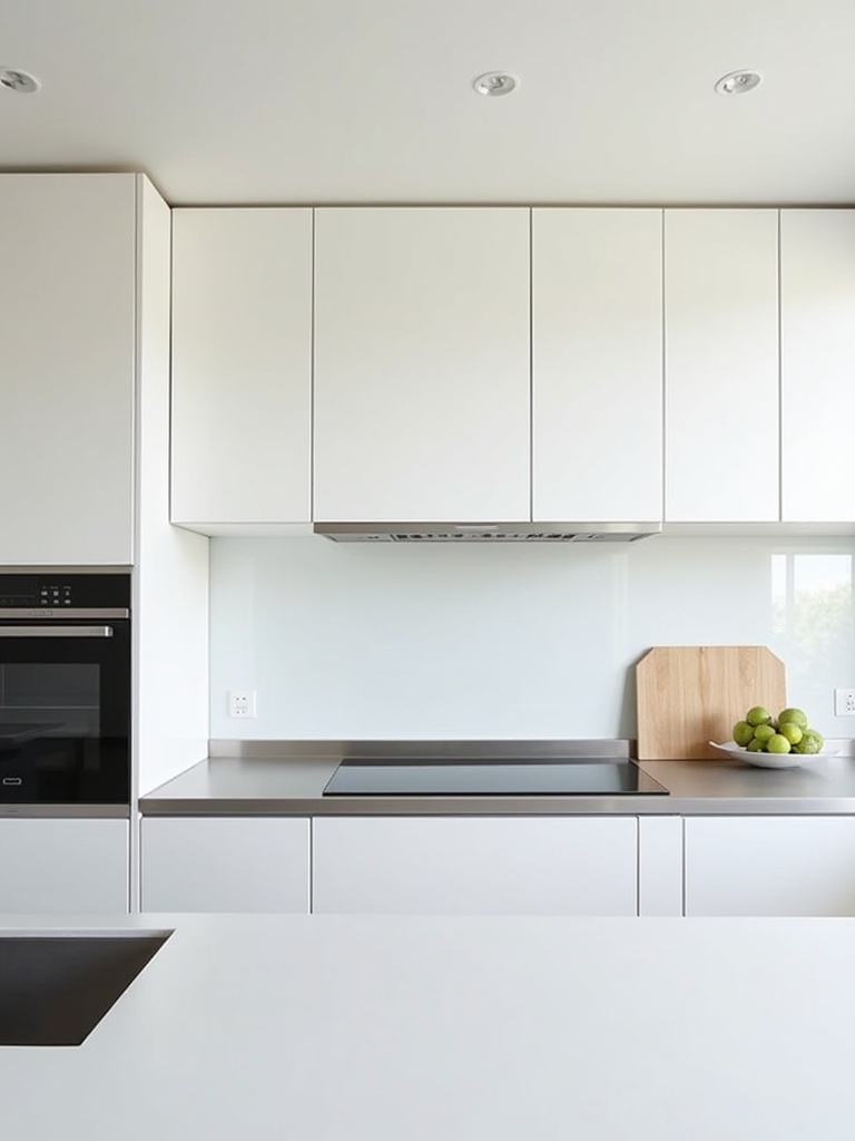 A modern kitchen with white cabinets and stainless steel countertops.