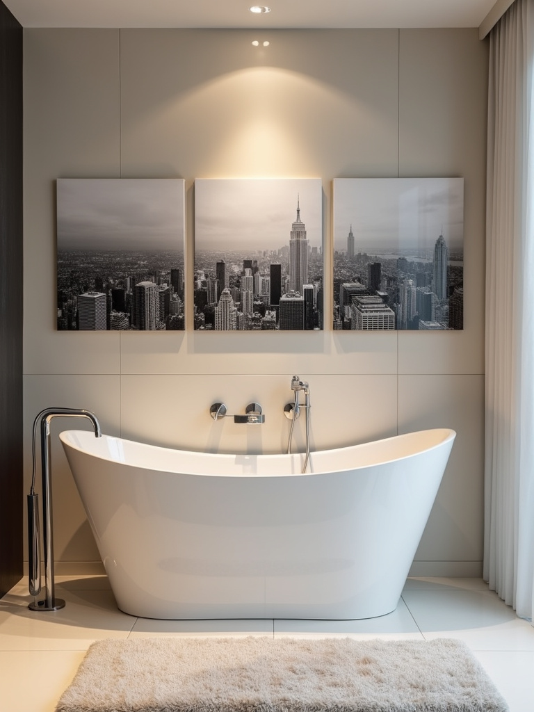 A series of monochrome city-scape photography prints above a bathtub in an elegant bathroom.