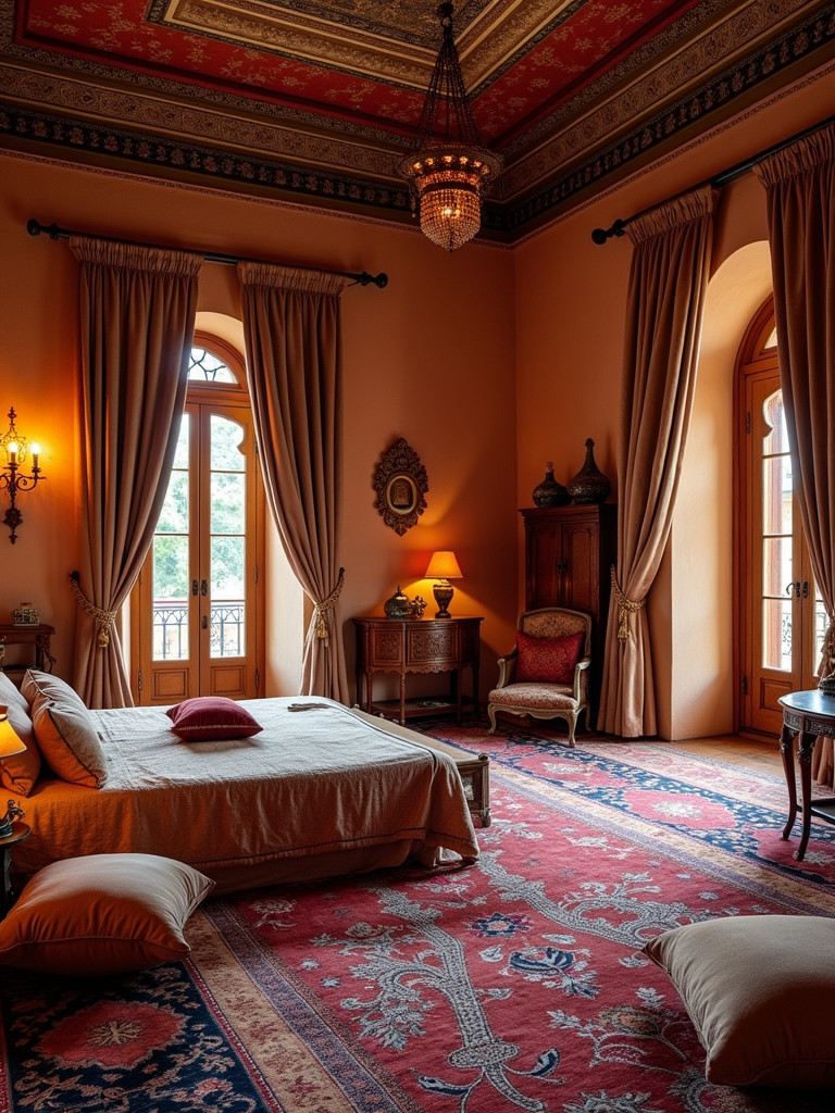 A full Moroccan bedroom with rich colors, textured fabrics, and intricate patterns.