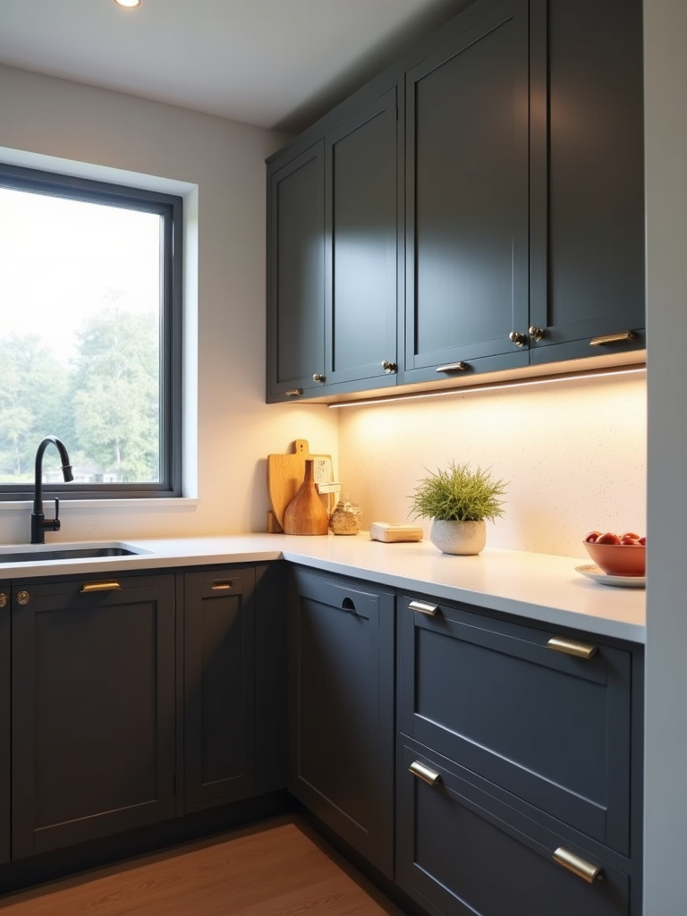 Modern kitchen with motion sensor activated under-cabinet lighting and within a pantry space.