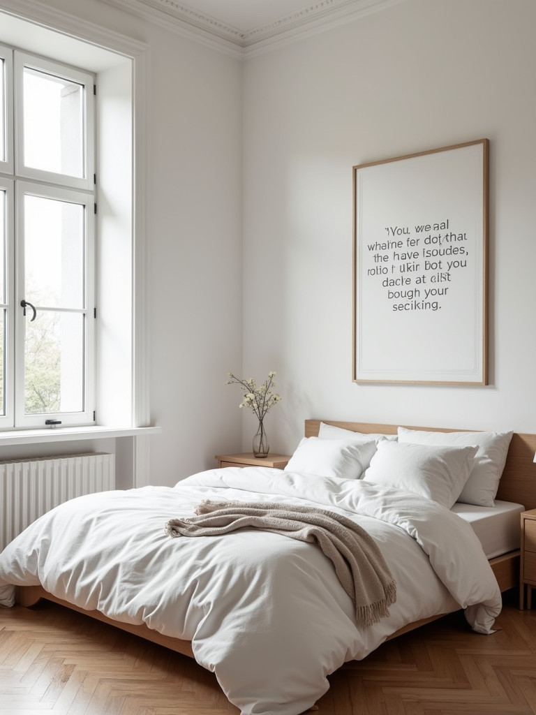Minimalist bedroom featuring a motivational quote above the bed