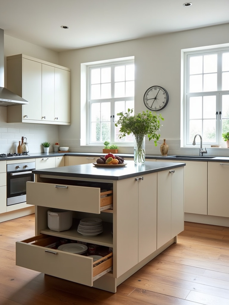 A movable kitchen island with storage, including drawers and shelves.