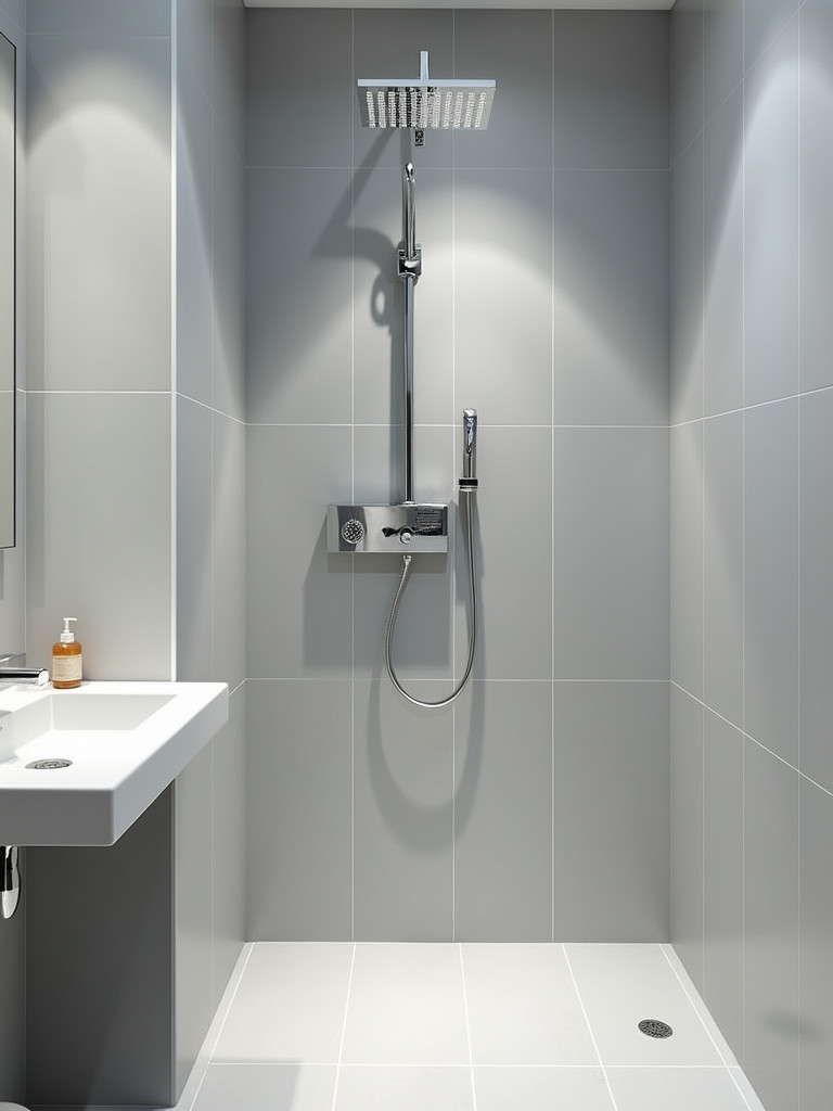 A small bathroom featuring a multi-functional shower panel, light grey tiles, and a modern design.