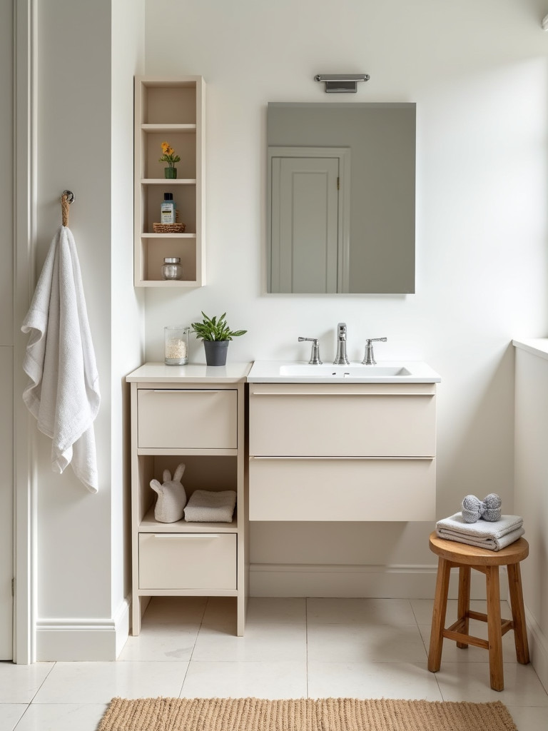 Multi-functional furniture in a small bathroom, including a stool with storage