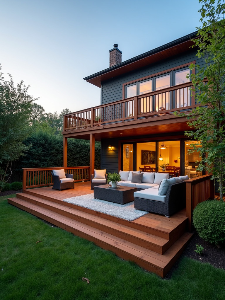 A two-level wooden deck with a dining table on the upper level and a lounge area on the lower level, surrounded by greenery.