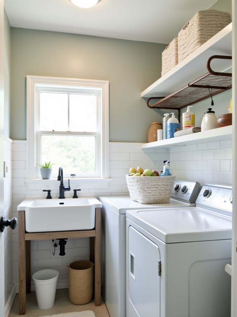 A multi-purpose utility sink in a functional and efficient laundry bathroom setup.