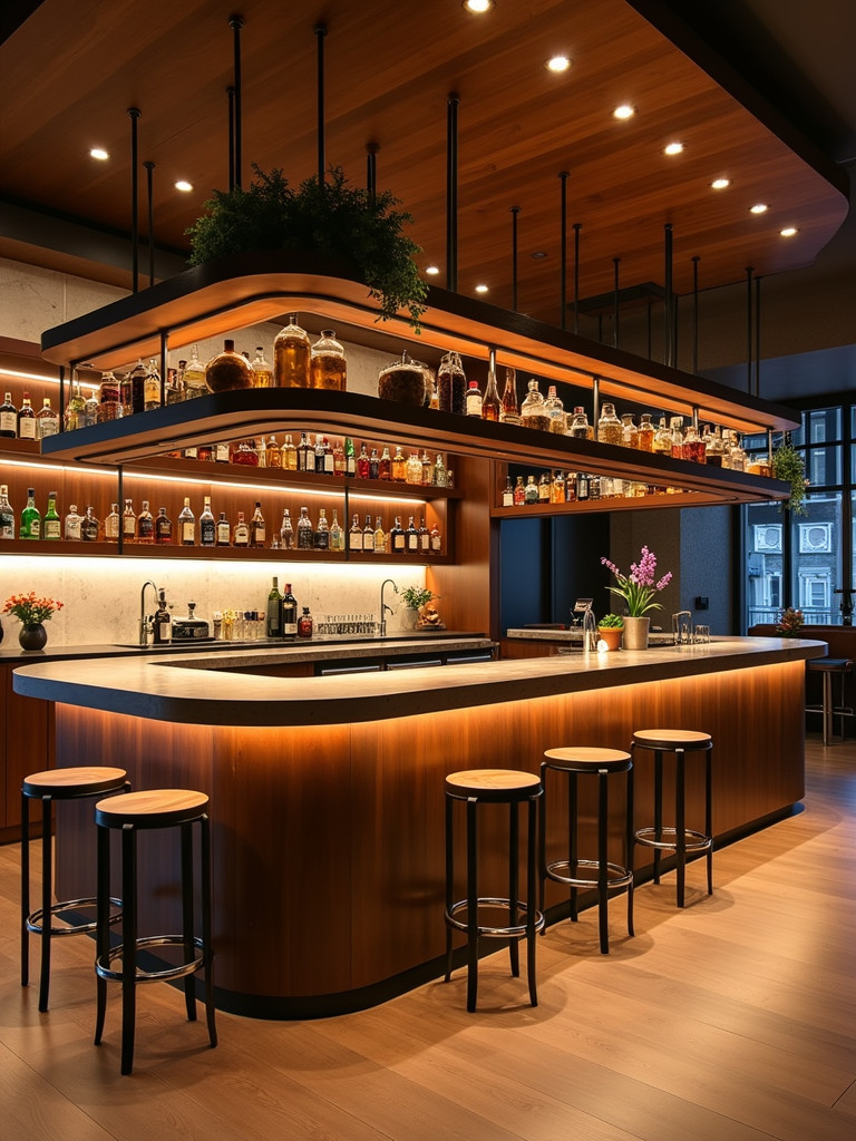 Multi-tiered kitchen bar with under-lighting, ideal for preparation and serving.