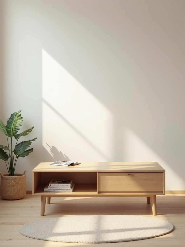 A minimalist living room showing a multi-functional coffee table with a lower storage shelf