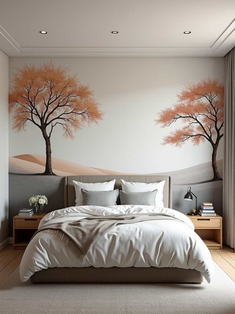 A spacious bedroom featuring a mural wall decal as the focal point of a wall