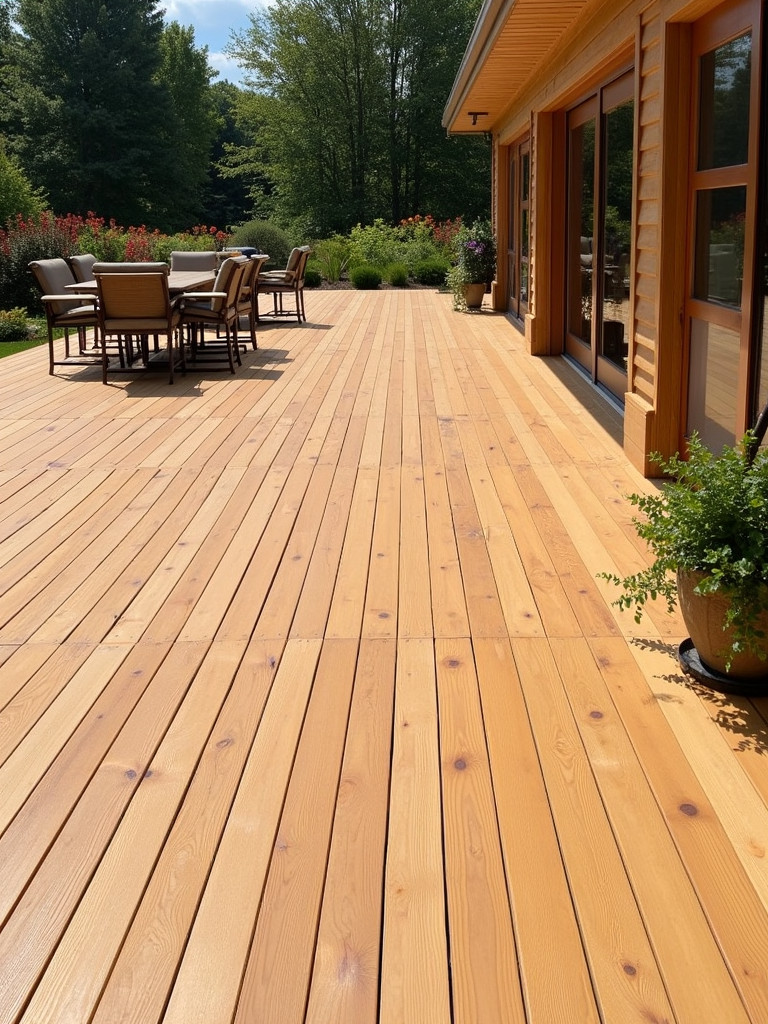 A large natural wood deck, with outdoor seating and a lush garden in the background