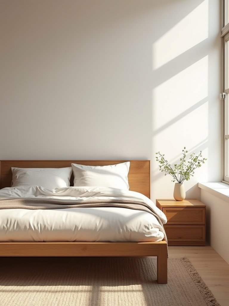 A serene bedroom features natural wood elements like a bed frame and bedside table.