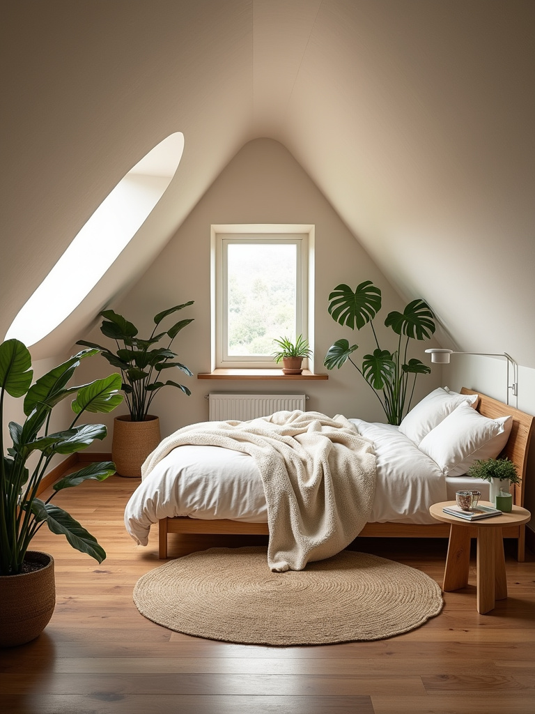 A calming nature-inspired attic bedroom with plants, light wood, and natural textures.