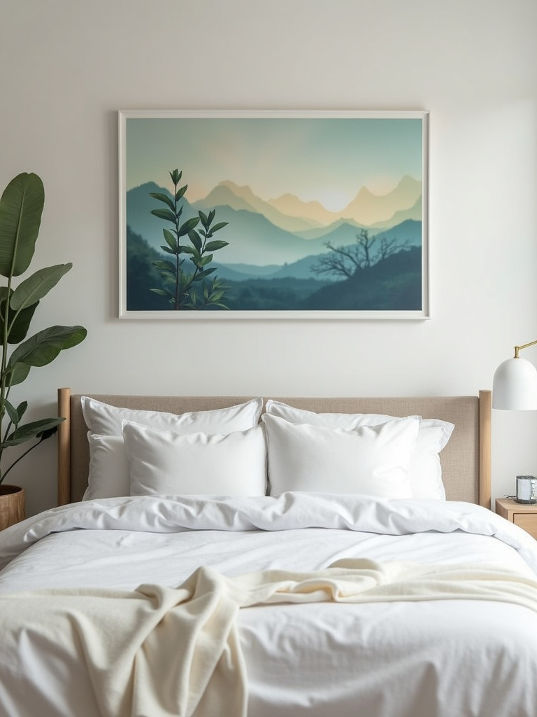 Calming bedroom featuring framed nature photography above the bed
