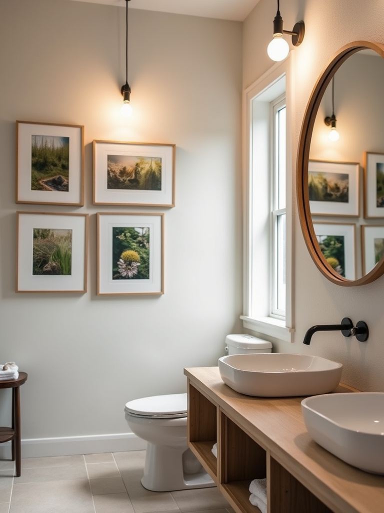 Framed nature photography prints in a nature-themed bathroom.