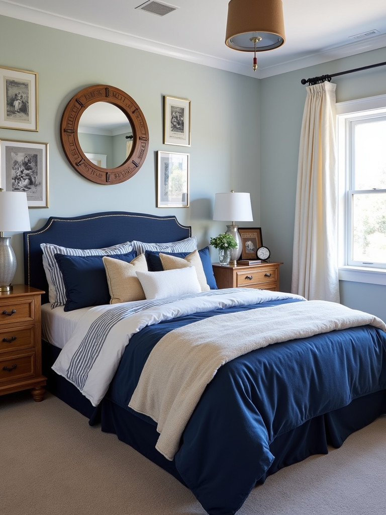 A full nautical-themed bedroom with navy blue and white bedding, nautical decor, and a porthole mirror.