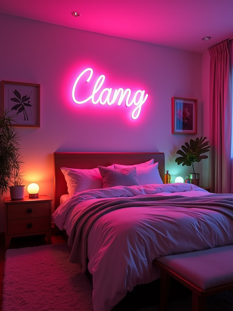 A bedroom featuring a glowing neon light fixture above the bed