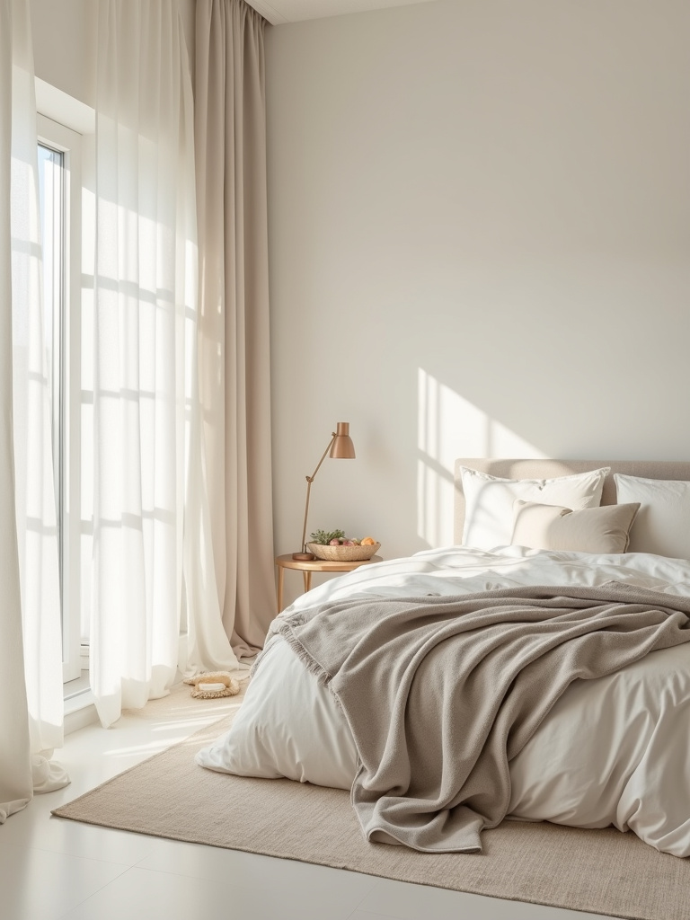 A minimalist bedroom interior is shown featuring a serene neutral palette of creams, beiges, and grays.