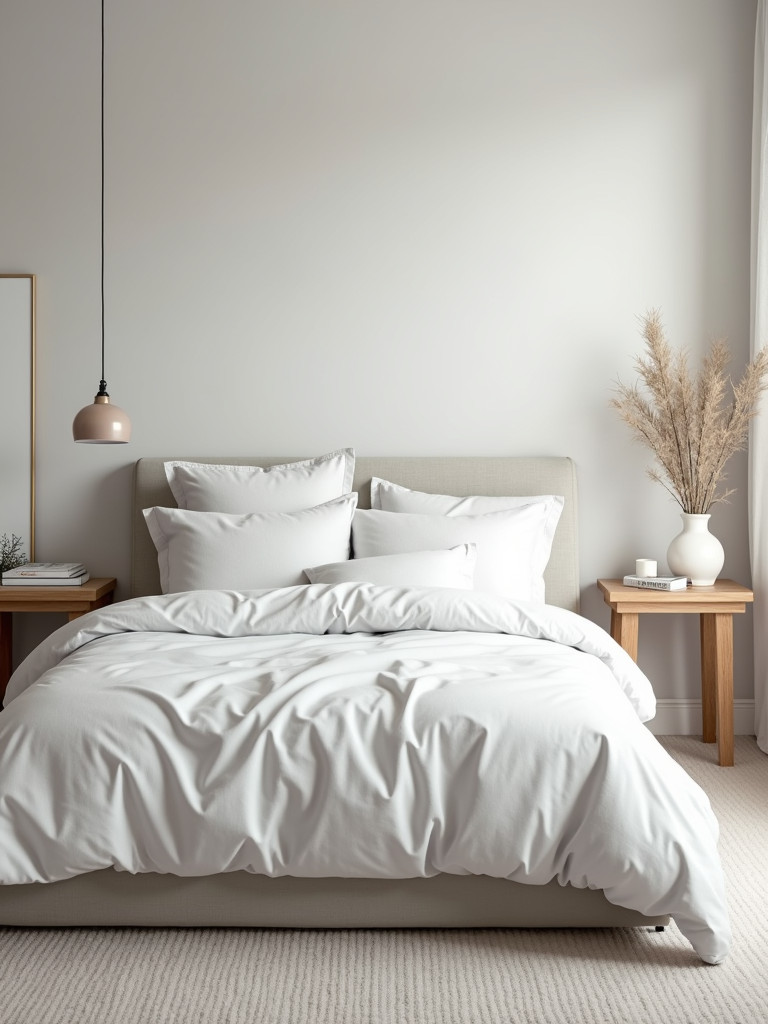 A minimalist bedroom featuring a bed with white linen bedding, soft lighting, minimal decorations, simple headboard