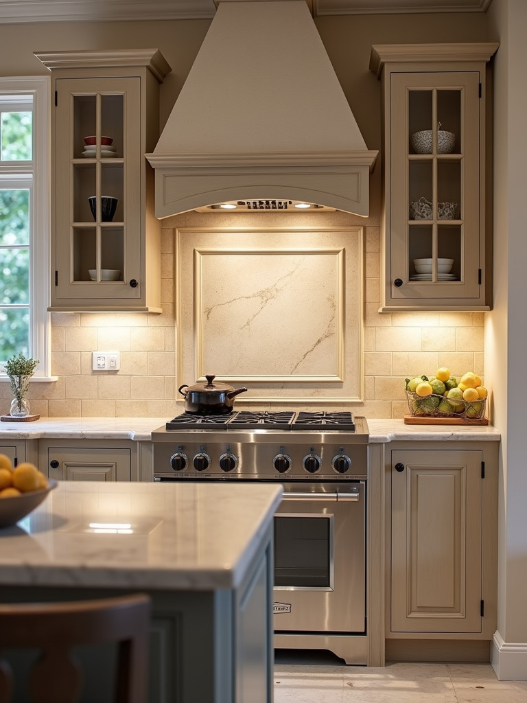 A traditional kitchen featuring a neutral stone backsplash with a smooth finish, showcasing earthiness and timelessness