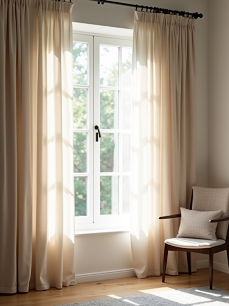 A minimalist living room featuring neutral tone curtains for privacy and style