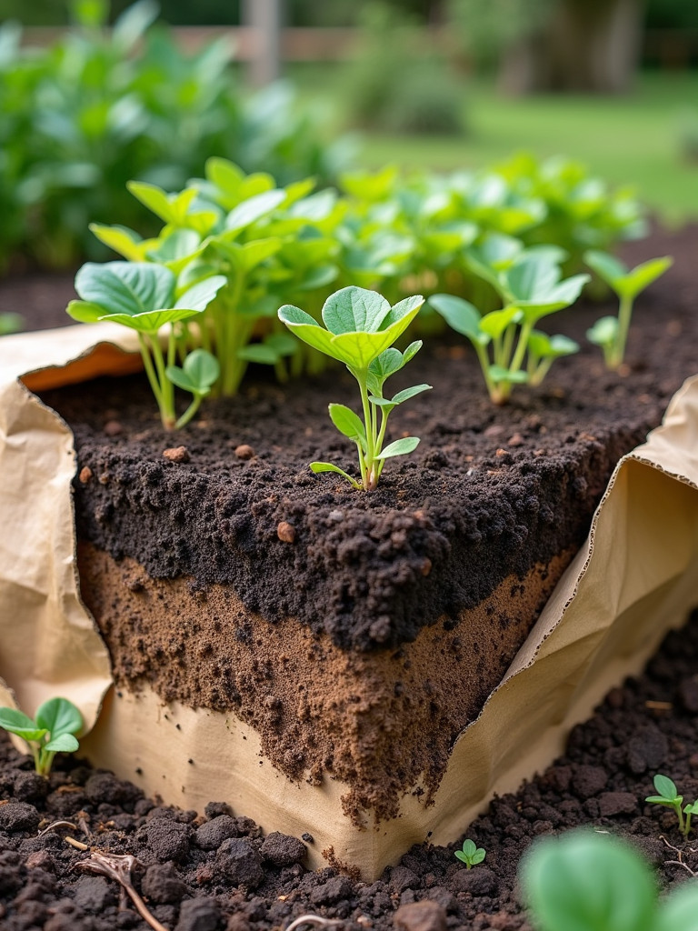 A photo of a no-dig garden showing distinct layers of cardboard, compost, and mulch, supporting thriving plants.