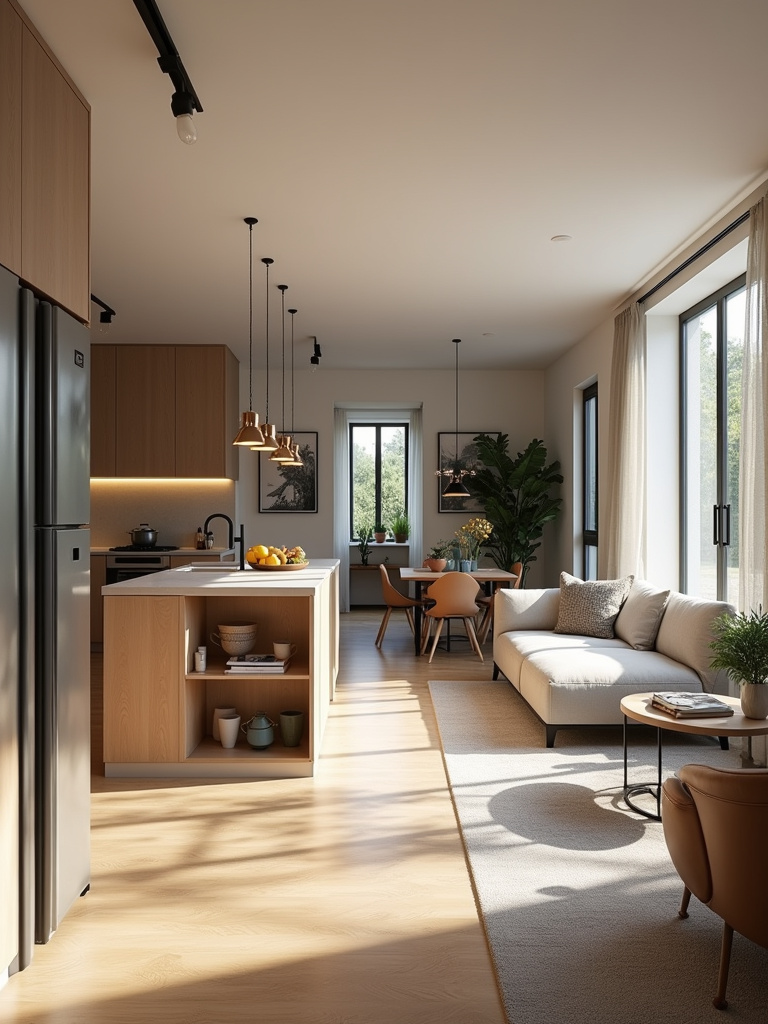 A bright and spacious kitchen with an open concept that blends seamlessly into a living area.