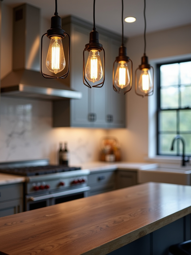 Modern kitchen featuring open light fixtures with Edison bulbs, and black metal finishings.