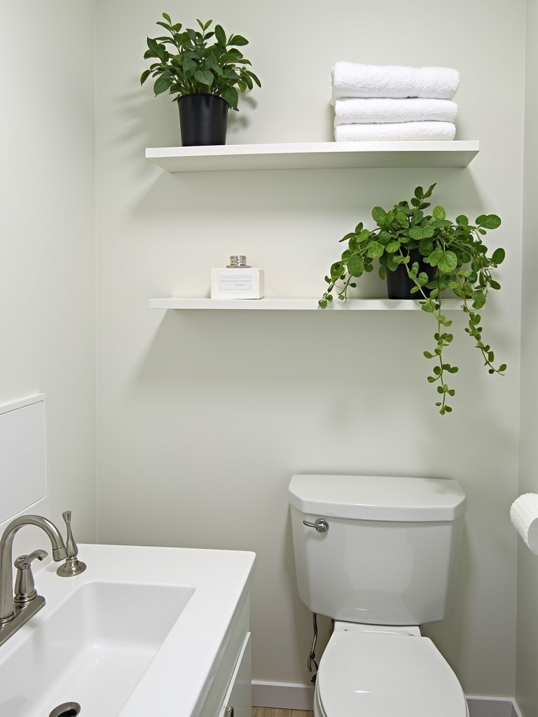 A small bathroom with open shelving holding towels and plants, featuring light-colored walls and soft lighting.