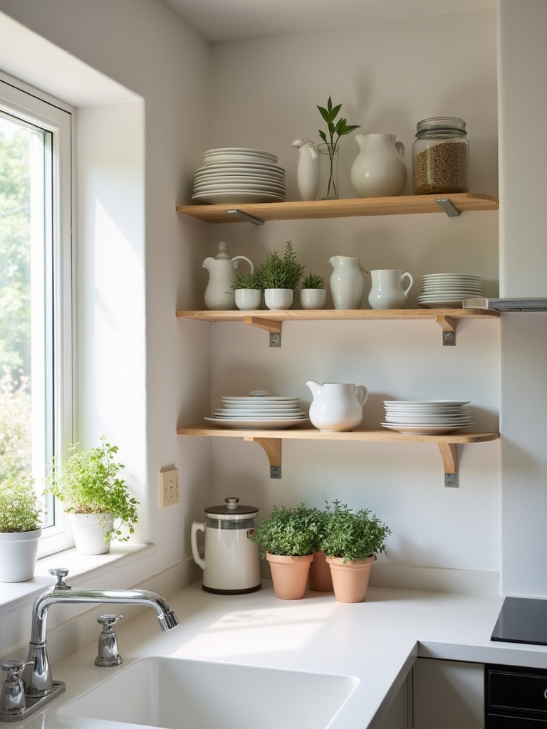A small cottage kitchen with light wood open shelving displaying various kitchen items, lit with natural light.