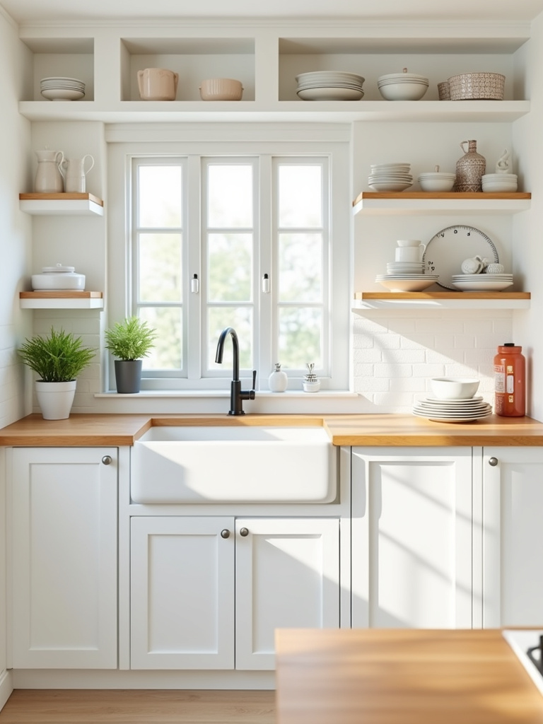 Bright farmhouse kitchen with open shelves, white cabinets and large windows