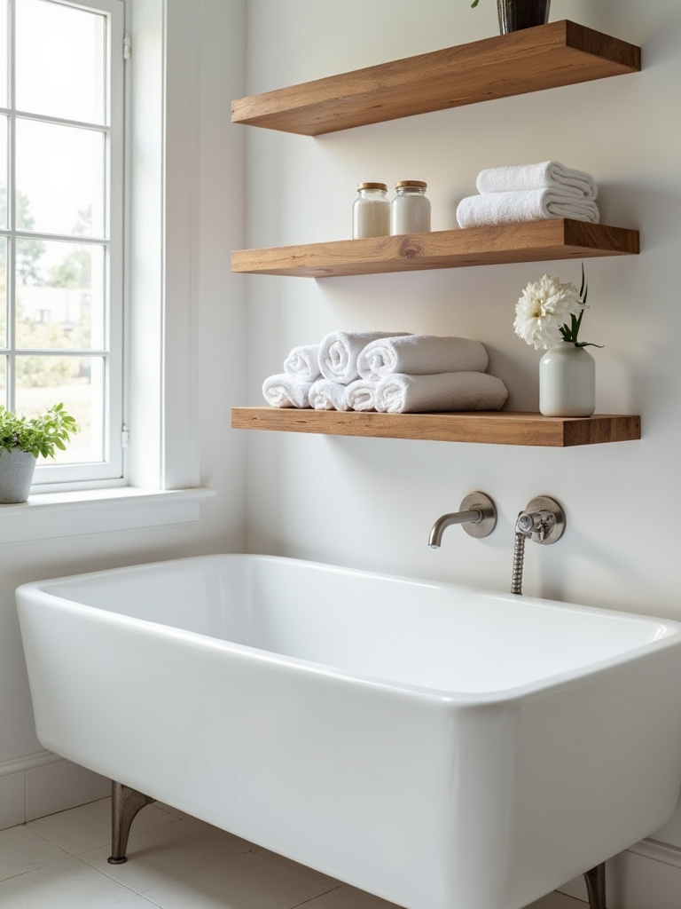 Modern bathroom featuring well styled open shelves with towels
